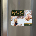 Merriest Faux Gold Foil 2 Photo Holiday Magnet<br><div class="desc">Custom printed holiday photo magnets with simple templates for customization. This elegant design features a 2 photo collage layout on a green watercolor background. Modern calligraphy script text says Merriest in faux gold foil. Personalize it with your own pictures, and add the year or other custom text below. Please note...</div>