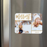 Merriest Faux Gold Foil 2 Photo Holiday Magnet<br><div class="desc">Custom printed holiday photo magnets with simple templates for customization. This elegant design features a 2 photo collage layout on a white background. Modern calligraphy script text says Merriest in faux gold foil. Personalize it with your own pictures, and add the year or other custom text below. Please note that...</div>