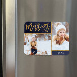 Merriest Faux Gold Foil 2 Photo Holiday Magnet<br><div class="desc">Custom printed holiday photo magnets with simple templates for customization. This elegant design features a 2 photo collage layout on a navy blue watercolor background. Modern calligraphy script text says Merriest in faux gold foil. Personalize it with your own pictures, and add the year or other custom text below. Please...</div>