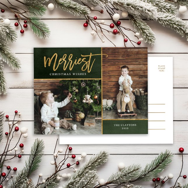 Merriest Faux Gold Foil 2 Photo Holiday Postcard (Creator Uploaded)