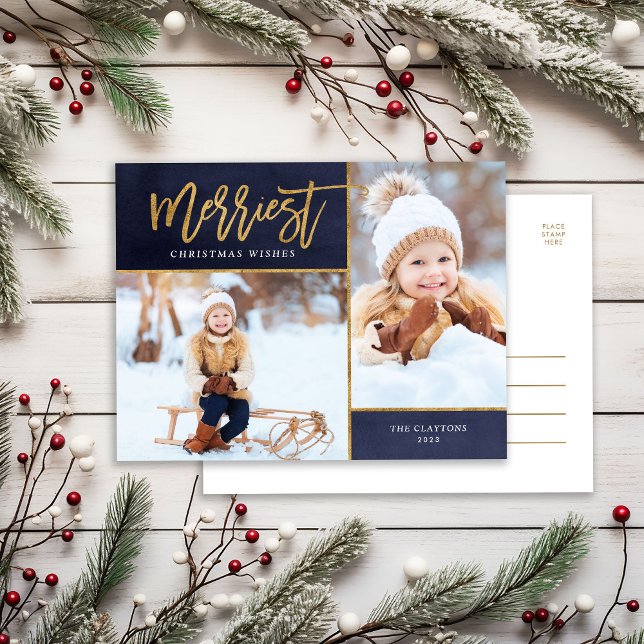 Merriest Faux Gold Foil 2 Photo Holiday Postcard (Creator Uploaded)
