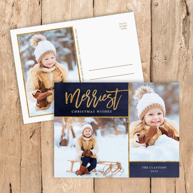 Merriest Faux Gold Foil 3 Photo Holiday Postcard (Creator Uploaded)
