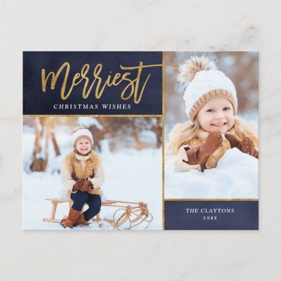 Merriest Faux Gold Foil 3 Photo Holiday Postcard