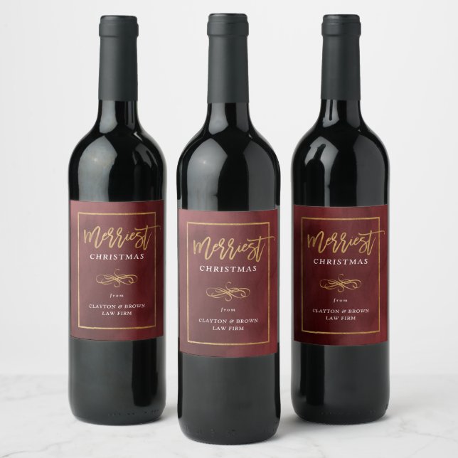 Merriest Faux Gold Foil Corporate Holiday Gift Wine Label (Bottles)