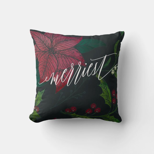 Merriest Holiday Spirit Poinsettia Painted Throw Pillow (Front)
