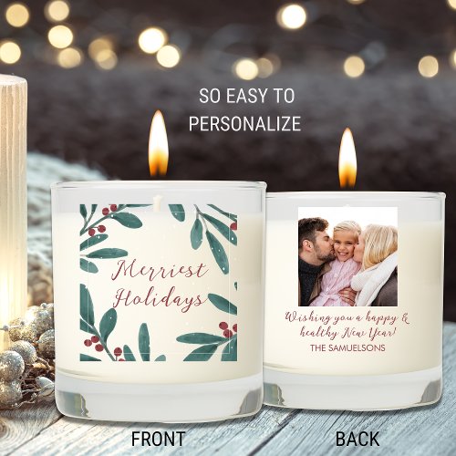 Merriest Holidays Botanical Berries Custom Photo Scented Candle