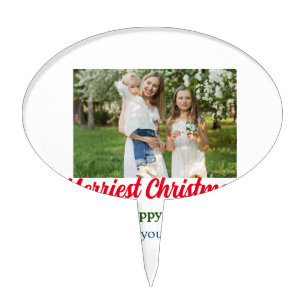 Merriest joyful christmas holiday add family name cake topper