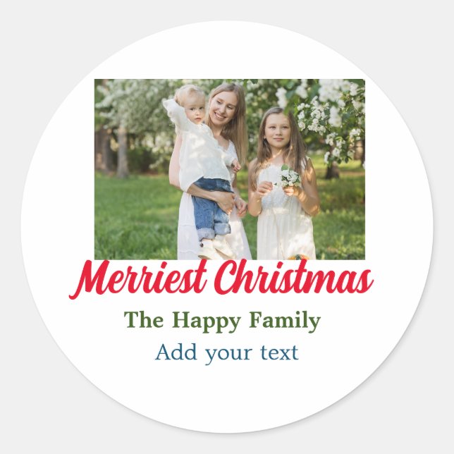 Merriest joyful christmas holiday add family name  classic round sticker (Front)