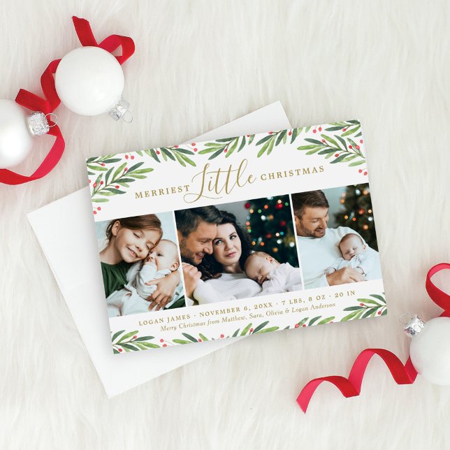 Merriest Little Christmas Greenery Photo Collage Holiday Card (Creator Uploaded)