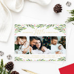 Merriest Little Christmas Photo Collage with Gold Foil Holiday Card<br><div class="desc">Elegant "Merriest Little Christmas" birth announcement holiday card includes a collage of three photo spaces and custom real gold foil text that can be personalized to announce the arrival of your new baby boy or girl. Includes a white background with green watercolor painted greenery sprigs and red berries. This design...</div>