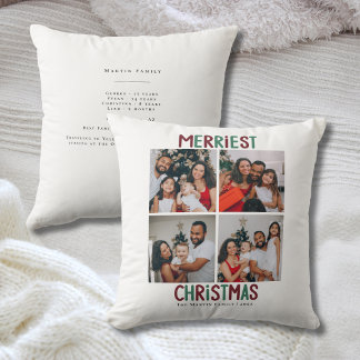 Merriest Merry Christmas Family 4 Photo Modern Throw Pillow
