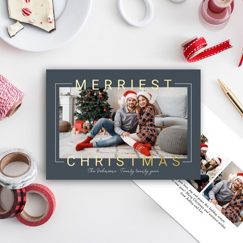 Merriest Modern Gold Text Slate Blue Photo Foil Holiday Card