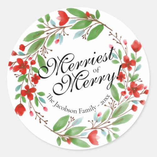 Merriest of Merry Watercolor Floral Christmas Classic Round Sticker