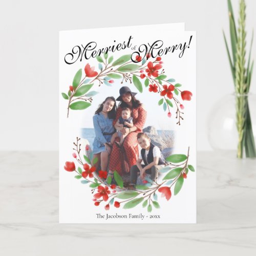 Merriest of Merry Watercolor Floral Photo Holiday Card