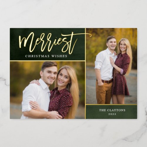 Merriest Real Gold Foil 2 Photo Christmas Foil Holiday Card