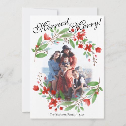 Merriest Red  Green Watercolor Chrismas Photo Holiday Card