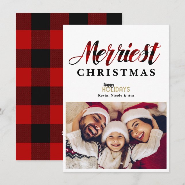 MERRIEST Red Plaid Christmas Holiday Photo Card (Front/Back)