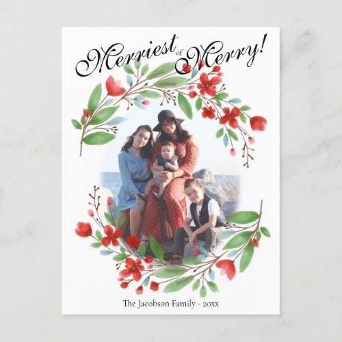 Merriest Red Watercolor Floral Christmas Photo Holiday Postcard