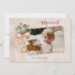 Merriest Script & Flowers/Torn Antique Paper Photo Holiday Card