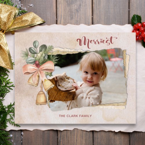 Merriest Script  FlowersTorn Antique Paper Photo Holiday Postcard