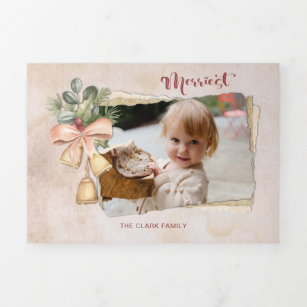 Merriest Script & Flowers/Torn Antique Paper Photo Tri-Fold Holiday Card