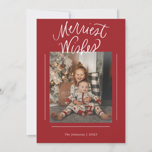 Merriest Wishes Hand Lettered Photo Holiday Card (Front)
