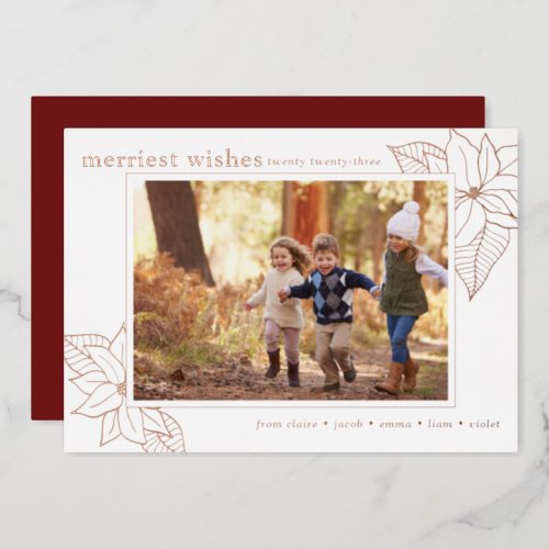 Merriest Wishes White  Rose Gold Christmas Photo Foil Holiday Card