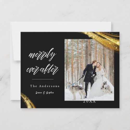 Merrily Ever After Black and Gold Newlywed  Holiday Card