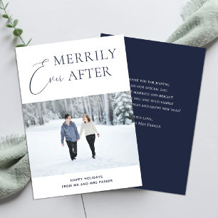 Merrily Ever After Blue Script Christmas Photo Holiday Card