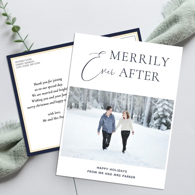 Merrily Ever After Blue Script Christmas Photo Holiday Postcard (Creator Uploaded)