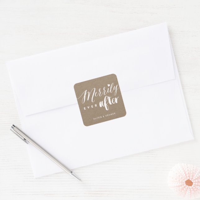 Merrily Ever After Brown Kraft Holiday Wedding Square Sticker (Envelope)