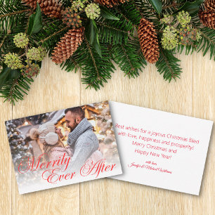 merrily ever after, couple photo holiday red note card