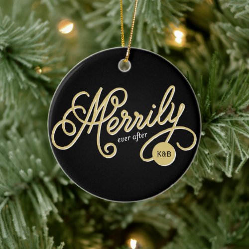 Merrily Ever After Curly Script Photo Christmas Ceramic Ornament