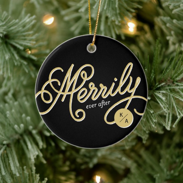Merrily Ever After Curly Script Photo Christmas Ceramic Ornament (Tree)
