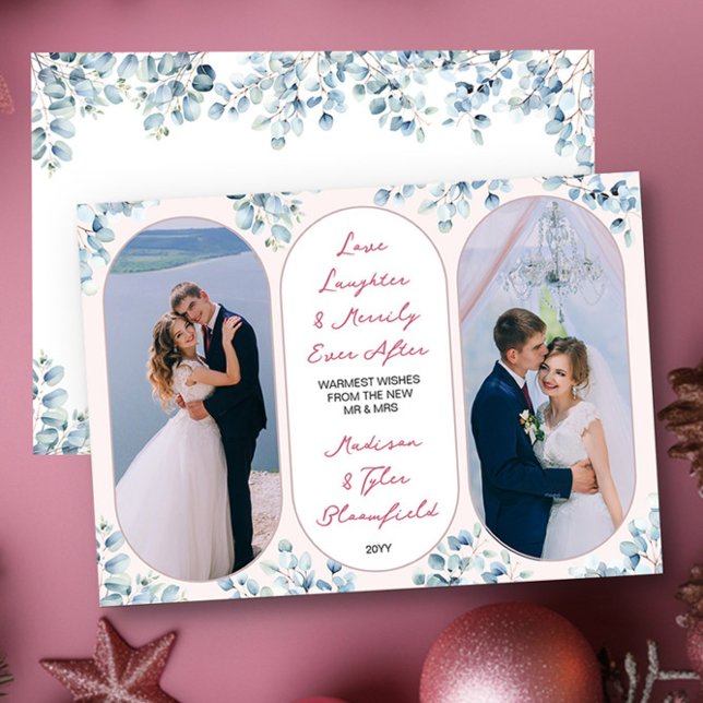 Merrily Ever After Eucalyptus Newlywed Photo Holiday Card (Merrily Ever After Christmas Photo Card by Darling & May)