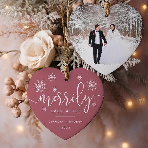 Merrily Ever After  First Married Christmas Photo Ceramic Ornament