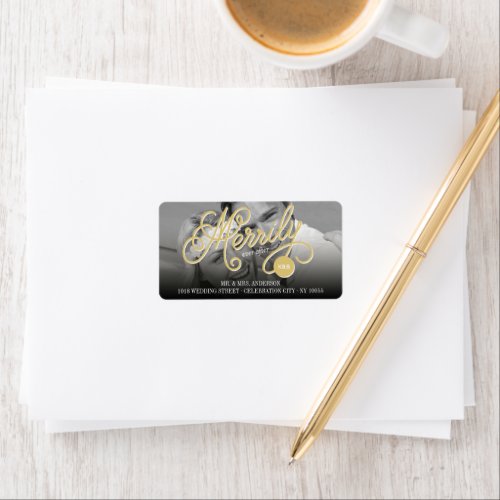 Merrily Ever After Gold Curly Script Photo Address Label