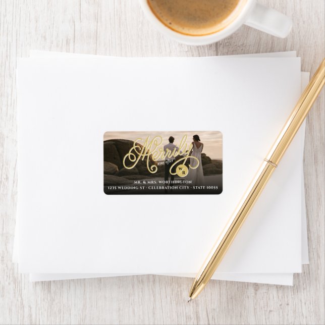 Merrily Ever After Gold Curly Script Photo Address Label (Insitu)