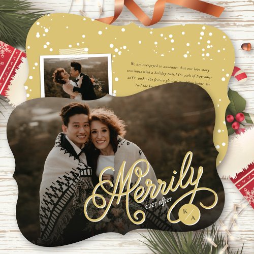 Merrily Ever After Gold Curly Script Photo Wedding Holiday Card
