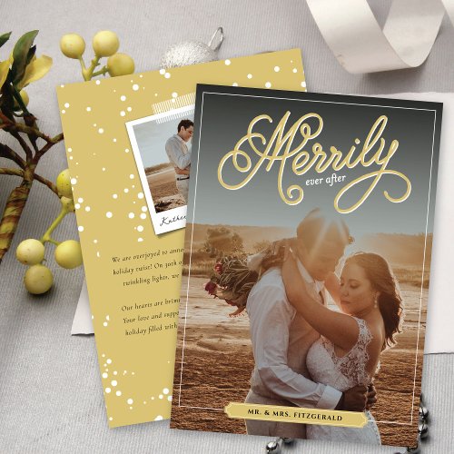 Merrily Ever After Gold Curly Script Photo Wedding Holiday Card