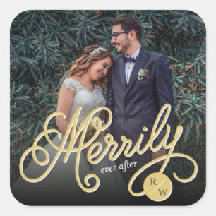 Merrily Ever After Gold Curly Script Photo Wedding Square Sticker