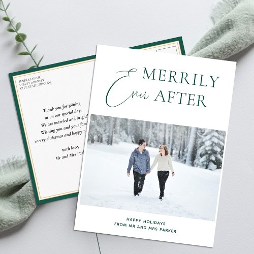 Merrily Ever After Green Script Christmas Photo Holiday Postcard