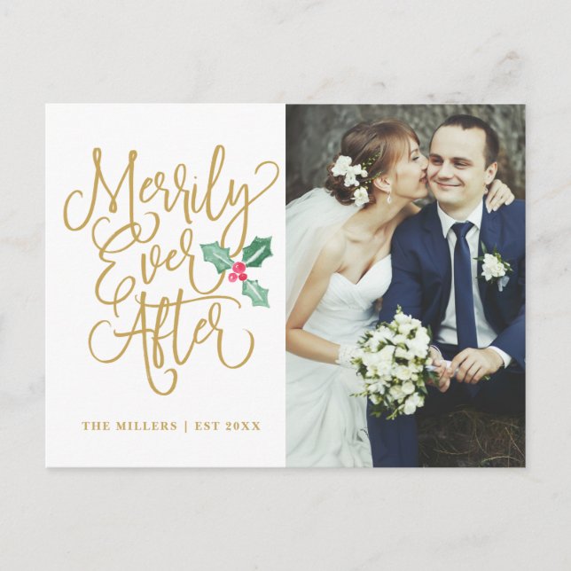 Merrily Ever After Holiday Photo Thank You Gold (Front)