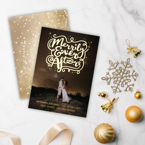 Merrily Ever After Knot  Sparkles Photo Wedding Foil Holiday Card