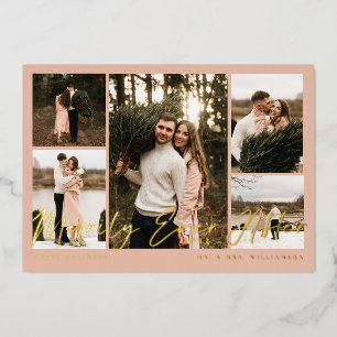 Merrily Ever After Minimal 5 Photo Collage Foil Holiday Card