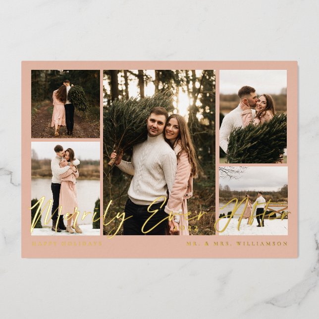 Merrily Ever After Minimal 5 Photo Collage Foil Holiday Card (Front)