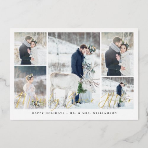 Merrily Ever After Minimal 5 Photo Collage Foil Holiday Card