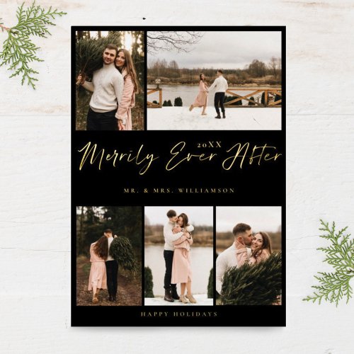 Merrily Ever After Minimal 5 Photo Collage Foil Holiday Card