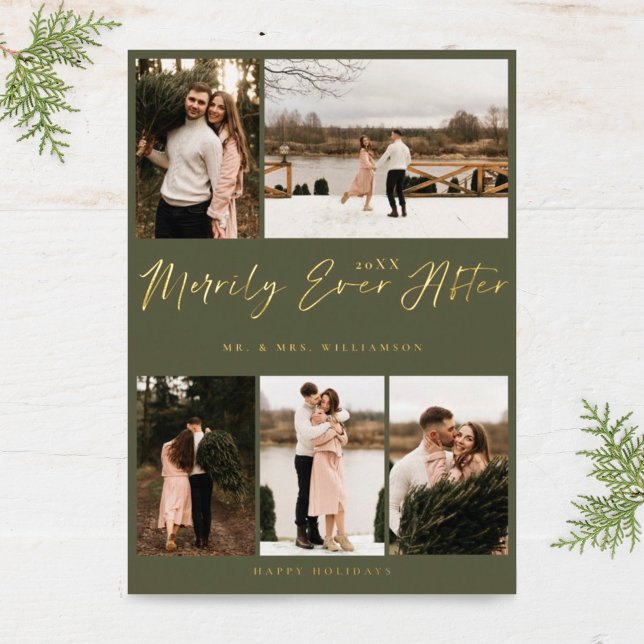 Merrily Ever After Minimal 5 Photo Collage Foil Holiday Card (Creator Uploaded)