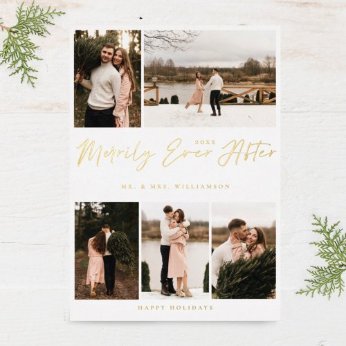 Merrily Ever After Minimal 5 Photo Collage Foil Holiday Card